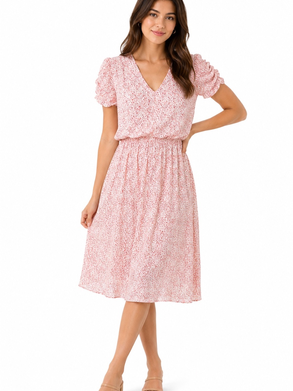 💛2 for $20- Banana Republic Pink Floral Puff Sleeve Midi Dress Size SP